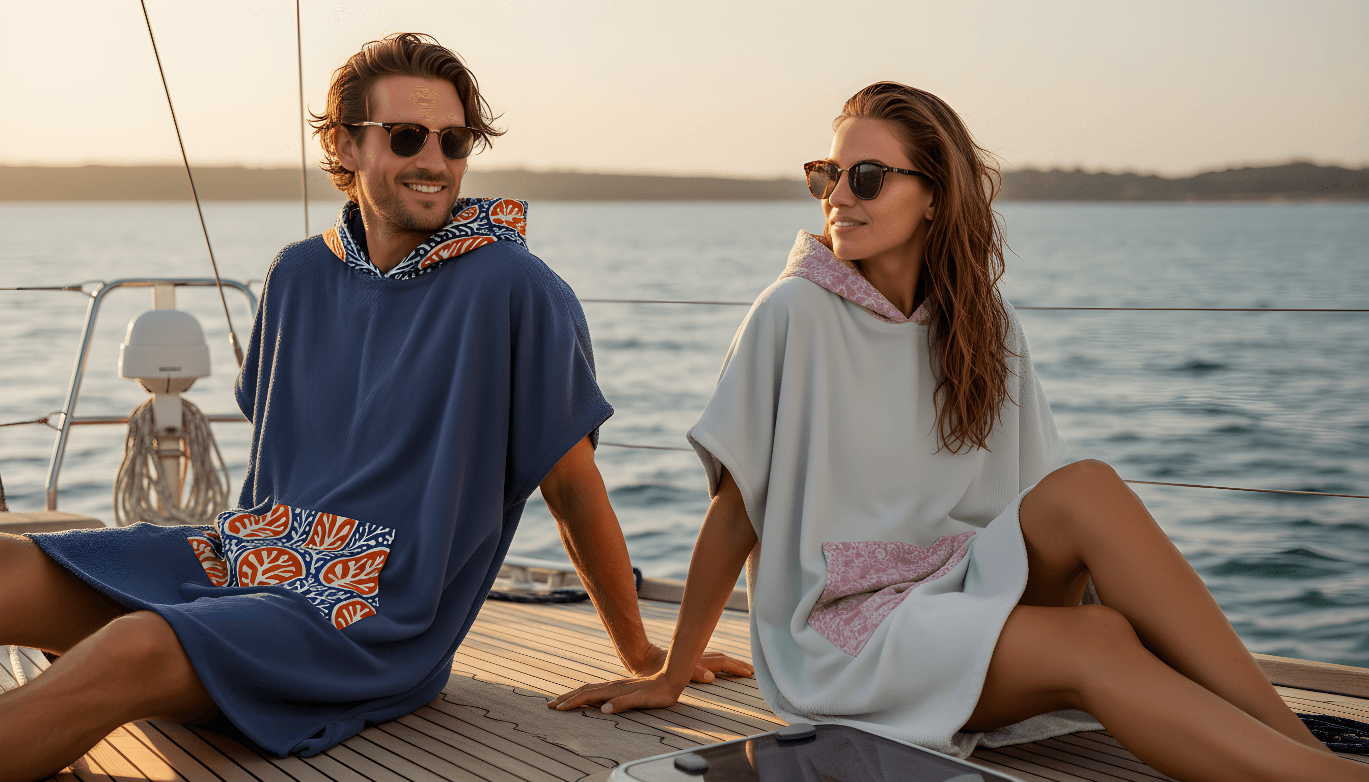 Lagunora havlu pançolarıyla tekne güvertesinde bir çift