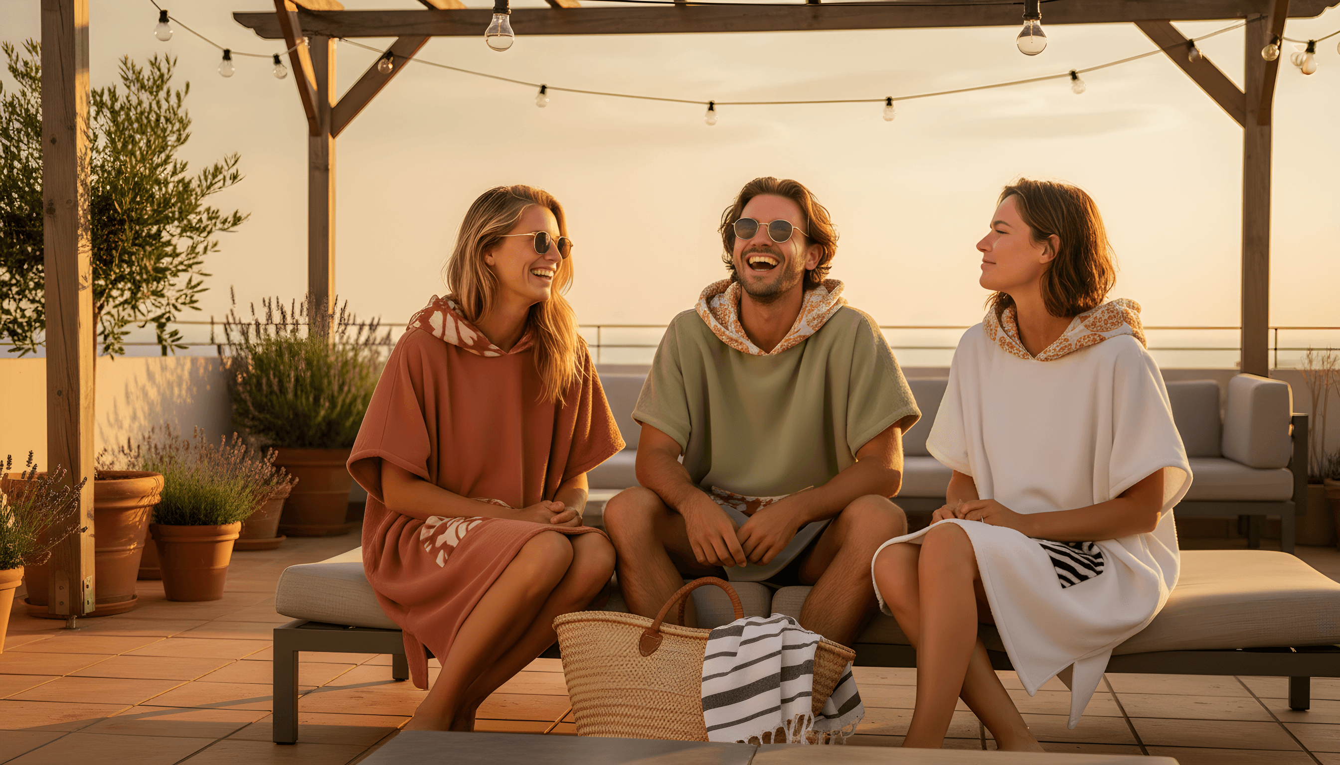 Lagunora havlu pançolarıyla teras keyfinde bir arkadaş grubu
